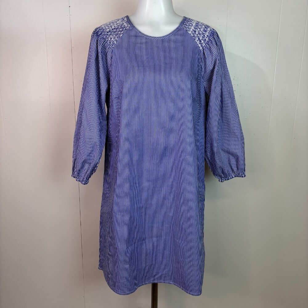 Duffield Lane Shift Dress Small Blue White Striped Smocked Shoulders Preppy